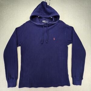Polo Ralph Lauren Waffle Knit Hoodie Mens M Long Sleeve Cotton Y2K Thermal Blue